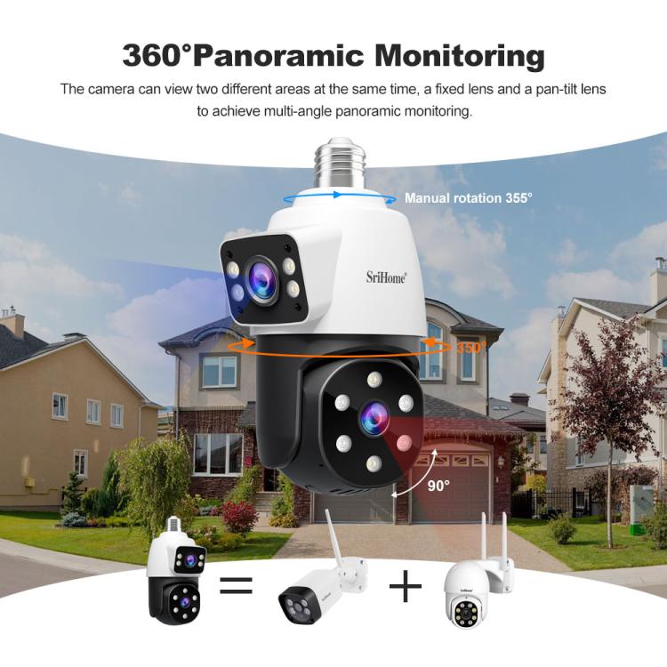 SriHome SH068 E27 4MP HD Dual Lens Light Bulb Camera Outdoor IP66 Waterproof SriHome SH068 E27 4MP HD Dual Lens Light Bulb Camera Outdoor IP66 Waterproof